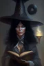 Placeholder: woman black hair middle aged magician with a spellbook big hat fantasy