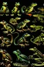 Placeholder: different variations of amphibians montage science book style