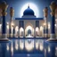 Placeholder: Hyper Realistic Majestically Beautiful Navy-Blue-&-White-Mosque with Muslim-men-worshiping outside-&-inside, small-water-fountains-&-Light-lamps with dramatic-lightings & cinematic-ambiance