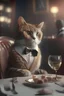 Placeholder: A cut cat in an elegant suit sits at a table in a five-star restaurant eating realistic photo cinematic