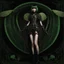 Placeholder: Full body, gothic woman with a bob with a fringe hairstyle, steampunk metal moth wings, green markings, black background