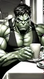 Placeholder: Artgerm, hulk sitting at a cosy diner, having a coffee, vain attitute, serenity, detailed, 8k, q2