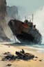 Placeholder: [Alex Maleev] kids in a small barque approaching an abandoned robot wreckage on the beach, under a scree