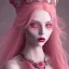 Placeholder: Beautiful pink witch made of fire with red eyes. Long curly wild pastel pink hair. Pink and red eyeshadow. Red lipstick. Pale skin with freckles and a round face. Big pink witch hat.