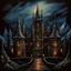 Placeholder: olpntng style, Large dark gothic ornate symmetrical castle with towers and spires in the mountains in the night, oil painting, heavy strokes, paint dripping
