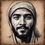 Placeholder: Hyper Realistic Sketch of a face of Muslim man on a vintage rustic paper with vignette effect & dark background