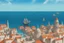 Placeholder: Concept art medivial fantasy port City with temple and sailing ships in the Water. On the horizon is a Storm