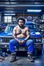 Placeholder: full figure shot photography of a short ugly hefty burly dirty chubby hairy angry man turkish 28 years old, short curly hair, shirtless, tattoo, manly chest with bulging opened short pants, hairy, angry eyes, inside a mechanical workshop under the sun sitting on the hood of a car, open legs, photorealistic, ambient occlusion, side light , frontal view from the floor