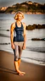 Placeholder: anorexic beautiful 19 year old woman, total shot, grey capri leggins, triathlon top, short blonde wavy bob hair, blurred beach background