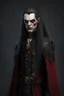 Placeholder: character, front view, vampire, realistic, 17th century, bat, baldur gate, bloody, dark, embroidery, jewelery, monstruosity,, long ear, long hair,