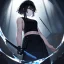 Placeholder: Clear focus,High resolution, black short fluffy hair, long fluffy bangs, and dark blue eyes, Depressed girl, wearing a black short shirt with a black sleeveless crop top, dark aura, controlling water, in a black room, holding a katana