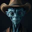 Placeholder: A man in black with a cowboy hat and a body shot of a super blue skin alien, full head, old, looking at the camera, super big head, super big black eyes, small mouth, no ears, total black skin. photo real, hyperrealistic, high dynamic range, rich colors, lifelike textures, 8K UHD, high color depth. neutral dark background.