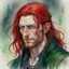 Placeholder: dnd, fantasy, watercolour, large strokes, stylistic, portrait, illustration, dull colours, male, face, narrow long face, weathered face, green eyes, determined, smiling, red hair, very long hair streaming down the shoulders, radiating light, five o'clock shadow, elegant, priest, god's grace