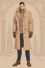 Placeholder: a guy winter fashion runway with modern clothes inspired by Superman's style clothes, embroidery elegant fashion beige tones