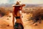 Placeholder: Redhead girl in a halter top and jean and a cowboy hat standing by an African desert :: digital matt painting with rough paint strokes by Jeremy Mann + Carne Griffiths + Leonid Afremov, black canvas