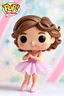 Placeholder: Funko Pop, very young female, medium wavy brown hair, pink ballerina dress, dance pose, smiling, very happy, colorful background, allowing visibility of the figure, typography, 3D render.