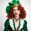 Placeholder: A beautiful woman with red hair, curly hair, wearing St. Patrick style clothing, St. Patrick headdress, gold leather, buckles and eyelets, black leather belt, white lace, black boots, green fingernails, model in the style of Hapers BAZAAR of the 40s, white background.