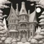 Placeholder: A detailed ink illustration of a front elevation of a fantasy house, with a tall chimney, rooms and floors added to the sides and roofs.