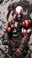 Placeholder: Kratos with body symbiote venom and Dressed kratos Clothes with red kratos tattoos and skin from symbiote and in holding blade of choice