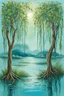 Placeholder: Panorama composition, green theme, weeping willows, Gangnam impression, bohemian theme handmade decorative paintings, creative composition, stunning design, master work, light blue background