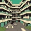 Placeholder: Brutalist flat in the outskirts of a big city, schizophrenic, paranoic, strong texture