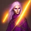 Placeholder: Female dungeons and dragons character, aasimar, eldritch warlock, spy, flowing white hair, glowing orange eyes, mysterious facial expression, close-up, violet magical energy, archfey patron