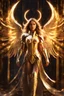 Placeholder: Photograph realistic beautiful Angel woman armor long hair stand face front in impact picture,translucent and glowing metallic patterns,glowing metal objects hovering in the air and surrounding him,Electric arcs and sparks,flow of energy,translucent magnetic lines,golden and shimmering light effects