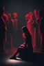 Placeholder: Image of a woman sitting alone, surrounded by shadowy figures whispering in her ear, suggesting the influence of manipulation and dark psychology on individual perceptions of attractiveness Give it a very dark frightening vibe. Use black and red theme.