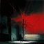 Placeholder: Minimal abstract oil painting of a tree in concrete warehouse brutalist architecture and hanging wires illuminated at night. With red triadic colours. In the style of Justin Mortimer and Phil Hale, Ashley Wood