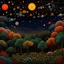 Placeholder: Colourful, peaceful, Henri Rousseau, night sky filled with galaxies and stars, planets, trees, flowers, one-line drawing, sharp focus, 8k, 3d, intricate, ornate