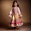 Placeholder: full body 7years old girl ,simple background, full body of very pretty little girl in azeri dance wearing A underdress or shirt, often made of silk,A fitted, often velvet or brocade, jacket worn over the shirt.Wide, bell-shaped skirts are worn, often long and layered to create beautiful movements while dancing, with a long lace scarf at back of her head ,with pretty shoes,in T pose looking at camera.