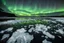 Placeholder: black beach with pieces of ice on the sea and northern lights
