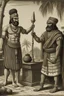Placeholder: A Indian blacksmith with a Indian king standing in front of him and a bag of sandalwood on one side, the king pointing towards the Bag.