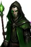 Placeholder: full length, mantle, hood removed, black with, holding a spear in his hand, dark green eyes