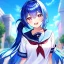 Placeholder: girl, masterpiece, best quality, volumetric lighting, detailed outfit, perfect eyes, long hair, blue hair, pink eyes, twin low ponytail, school outfit, laughing,