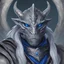 Placeholder: silver dragonborn warlock with blue eyes