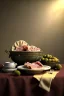 Placeholder: renaissance style still life composite, dish of Raviolis with meat, vine cup, olive oil. moisture, art, natural, ornaments, ceramic, marble, high kitchen, smooth, god rays, unreal engine 5, ray tracing, RTX, lumen lighting, ultra detail, volumetric lighting, 3d.