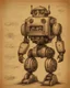 Placeholder: Hand drawn, art by Wayne Reynolds and Daren Bader and Tom Tenery, old paper with detailed schematics of dark dieselpunk cute robot, detailed drawings, cross section, concept sheet sketch, 8k