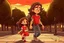 Placeholder: a cute chibi spanish man with short curly brown hair cropped at the back in yellow T-shirt and jeans with a cute chibi contented girl with long brown hair and brown eyes in a red elegant jumpsuit and red high heels, and a chibi girl with blonde brown hair in a beige dress dancing dynamically in Madrid in the Retino park, in the moonlight, ethereal, cinematic postprocessing, airplane in the sky