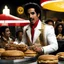 Placeholder: [photo from from Evil dead] Ray Santiago as Pablo Simon Bolivar aka El Cheffe, serving Deadites hamburgers in a fast food
