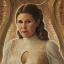 Placeholder: hyperspace background, complete and photo realistic detailed head to waist stunning photo realistic portrait of carrie fisher as Princess Leia in star wars with photo realistic updo hair by Mandy Jurgens and mucha and Richard Schmid and chuck close and chie yoshii, extraordinary and detailed ceremony dress of star wars,brown eyes