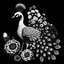 Placeholder: black and white peacock between seeds and big flowers black background. for a coloring. with grayscale