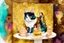 Placeholder: beautiful composition, cat birthday party with cake, watercolor and ink, golden glitters in ochre in sunshine