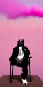 Placeholder: Snoop dogg, sitting. a chair. pink houses, pink sky, pink smoke, trees, outdoors. Groove street. 28mm