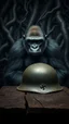 Placeholder: A gorilla in the background of black vein, human veins, mixing together a lot of them, like a forest, big and small veins a lot of them, an army German helmet from ww2 sitting on an old broken table