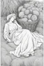 Placeholder: bible Realistic Beautiful Natural Ruth laying on the hay sleeping full body picture Black and white Coloring page