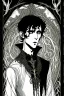 Placeholder: black haired young man necromancer wizard with gothic jewelry and tentacle fingers in the style of Harry Clarke