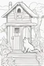 Placeholder: blank colouring book, white blank background, simple picture for toddlers, cat house with no cat inside, disney and pixar style