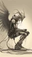 Placeholder: Fallen cyberpunk angel, wires, led lamp, technology - warrior and destroyer. She gets down on one knee: a sign of surrender, capitulation. Side view, pencil sketch with black and gray colors on soft brown paper.