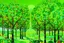 Placeholder: A lime green geometric forest with apple trees painted by Andy Warhol